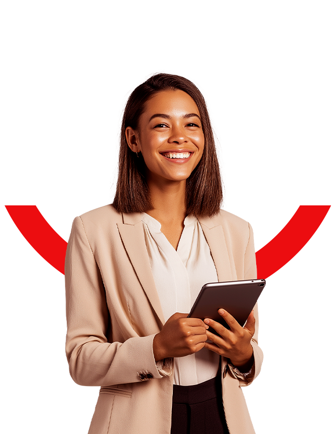 Profissional sorridente com tablet em ambiente corporativo.